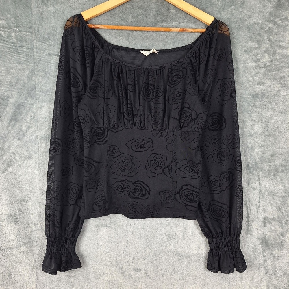 Womens Top XL Black Velvet Burnout Whimsigoth Crop Floral Babydoll Fairy Grunge